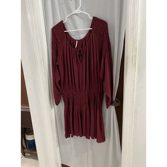 Free People Dresses & Skirts - Free People Burgundy Peasant Smocked Mini Dress Sz S Boho Oversized